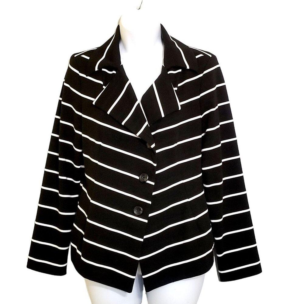 Chicos Womens Blazer Jacket S Collared Striped Black White Long Sleeve Button Ca